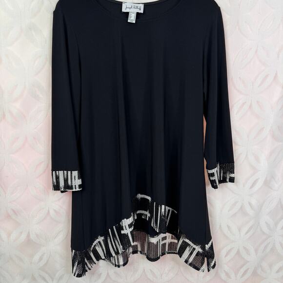 Joseph Ribkoff Macrame Black White 3/4 Sleeve High Lo Tunic Size 14 - Picture 7 of 9